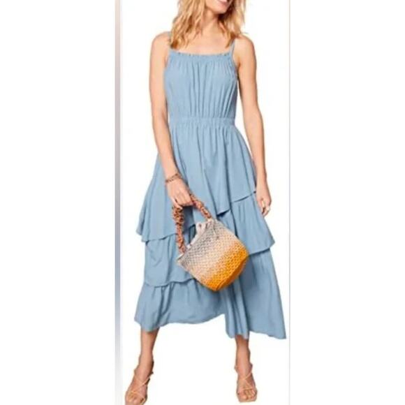 Evereve Womens Size Large Brea Tiered Strap Midi Sundress Blue NEW - Picture 1 of 14